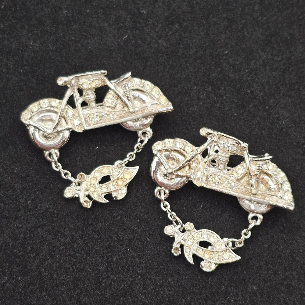 ORA Motorcycle Brooch Pins 2pc Silver Tone Clear Rhinestone Biker Mason‎ Sword